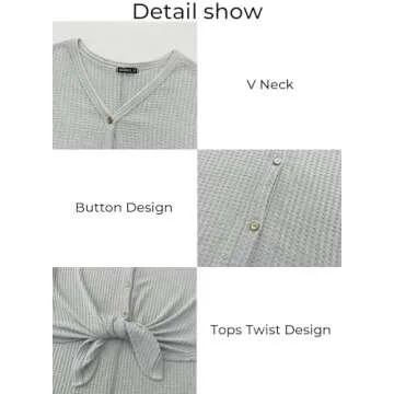 MIHOLL Womens Loose Blouse Long Sleeve V Neck Button Down T Shirts Tie Front Knot Casual Tops (Small, 1a- Light Grey (Long Sleeve))