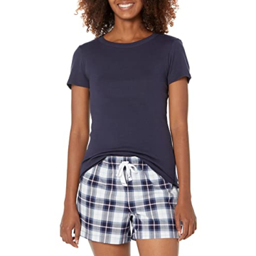 Amazon Essentials Women's Poplin Short and Sleep Tee Set - Cozy Navy Plaid