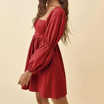 EXLURA Womens 2024 Casual Long Puff Sleeve Dress A-Line Square Neck Short Mini Dress Red