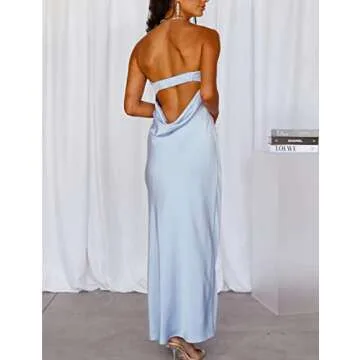 Realtix Satin Silk Backless Tube Tops Maxi Dress for Women Low Back Hollow Out Elegant Strapless Lon...