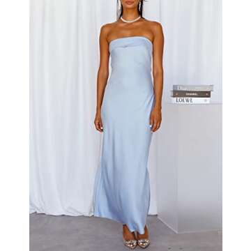 Realtix Satin Silk Backless Tube Tops Maxi Dress for Women Low Back Hollow Out Elegant Strapless Long Dresses Wedding Guest Blue