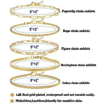 AOZEL 14K Gold Plated Waterproof Anklets for Women