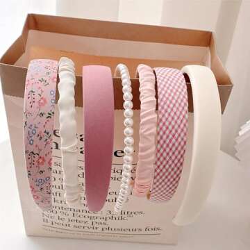 DOXISHRUKY Headbands for Women Girls, 7pc Set - Non Slip Floral Padded Headbands Cute Pearl Headband for Girls Vintage Wide Headband