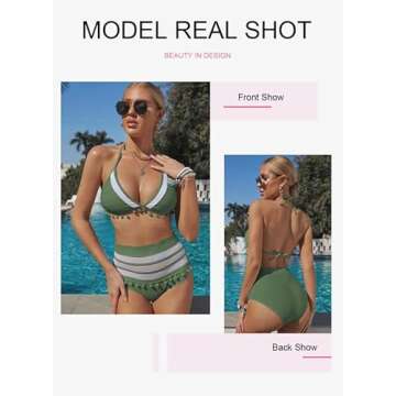 Dokotoo Womens High Waist Two Pieces Bikini Set Striped Tassel Swimsuit