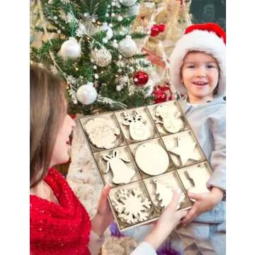 Wohohoho 45Pcs Unfinished Paintable Blank Wooden Christmas Ornaments with Tray, 9 Designs DIY Predrilled Wood Ornaments for Crafts. Christmas Tree Hanging Decorations Xmas Art Birthday Gift for Kids