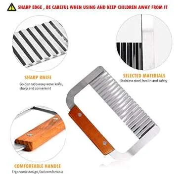 Crinkle Cutters, Crinkle Cutting Tool French Fry Slicer Stainless Steel Blade Wooden Handle Vegetable Salad Chopping Knife,Wood handle Serrator, 7-Inch