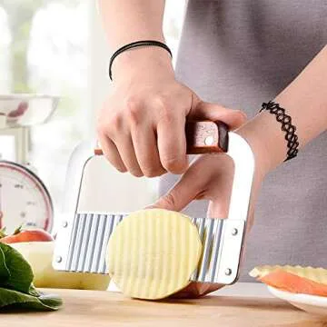 Crinkle Cutters, Crinkle Cutting Tool French Fry Slicer Stainless Steel Blade Wooden Handle Vegetable Salad Chopping Knife,Wood handle Serrator, 7-Inch