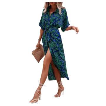 MakeMeChic Women's High Waist Button Down Belted Long Dress Printed Split Shirt Dress Green and Blue XL