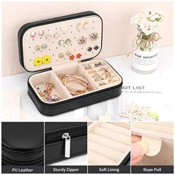 DesignSter Travel Jewelry Box, PU Leather Portable Jewelry Case, Small Jewelry Boxes for Gifts, Travel Jewelry Organizer for Women Rings Earrings Necklaces Bracelets (Black)