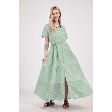 utcoco Womens Casual Short Sleeve Button Down Tie Waist Ruffled Striped Maxi Shirt Dress (Large, Gre...