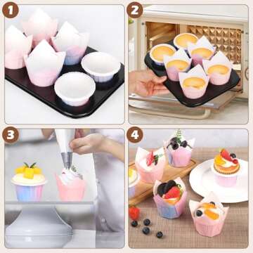 SRIVIJA 100Pcs Greaseproof Paper Muffin Liners，Tulip Cupcake Liners，Baking Liners，Premium Baking Cups Cupcake Wrappers for party,Weddings, Birthdays(pink)