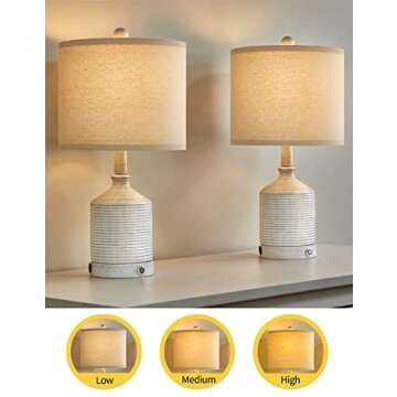 PoKat 20'' Bedside Table Lamps for Bedroom - 3 Way Dimmable Touch Lamps for Night Stands USB, Small Farmhosue Lamp for Bedroom, Nigtstand Lamp Set of 2 for Living Room, Bulb Included, White
