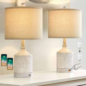 PoKat 20'' Bedside Table Lamps for Bedroom - 3 Way Dimmable Touch Lamps for Night Stands USB, Small Farmhosue Lamp for Bedroom, Nigtstand Lamp Set of 2 for Living Room, Bulb Included, White