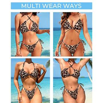 SUUKSESS Women String Triangle Bikini Sets Tie Side Thong Sexy Halter Swimsuits 2 Pieces (Cheetah, L...
