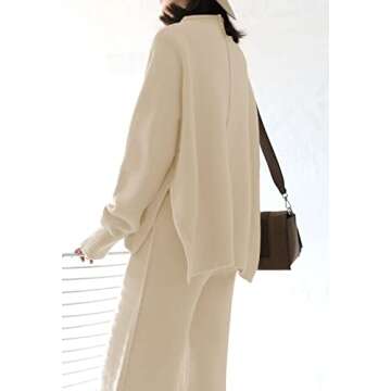 Viottiset Women's 2 Piece Outfits Sweater Set Wide Leg Pants High Neck Sweatsuit Fall Winter Knit Loungewear Apricot L