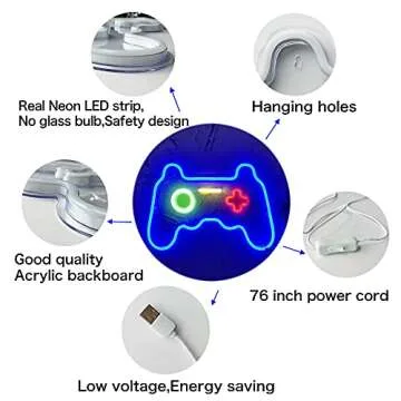 HSEFURNI Gamepad Neon Sign 16" x 11", Birthday Gifts for Teen Boys, USB Powered Light Up LED Signs, Teenage Boy Gifts Ideas, Teen Boys Gift Ideas, Gifts for Teenage Boys, Teenager Gifts