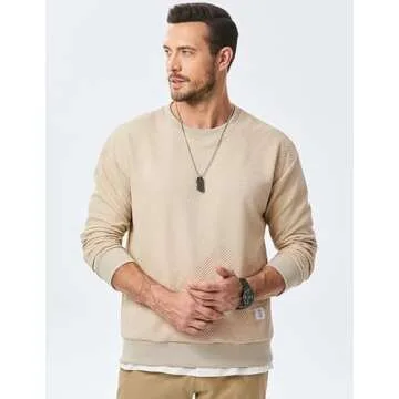 Dokotoo Men Mens Solid Color Crewneck Sweatshirt Lightweight Geometric Texture Hoodless Long Sleeve Sweaters Casual Pullover Sweatshirts Beige Medium