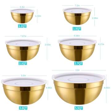 DINYWOW 6 Piece Gold Mixing Bowls with Lids for Kitchen, Stainless Steel Mixing Bowls Set Ideal for ...