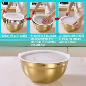 DINYWOW 6 Piece Gold Mixing Bowls with Lids for Kitchen, Stainless Steel Mixing Bowls Set Ideal for Baking, Prepping, Cooking and Serving Food, Nesting Metal Mixing Bowls for Space Saving Storage