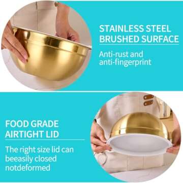 DINYWOW 6 Piece Gold Mixing Bowls with Lids for Kitchen, Stainless Steel Mixing Bowls Set Ideal for Baking, Prepping, Cooking and Serving Food, Nesting Metal Mixing Bowls for Space Saving Storage