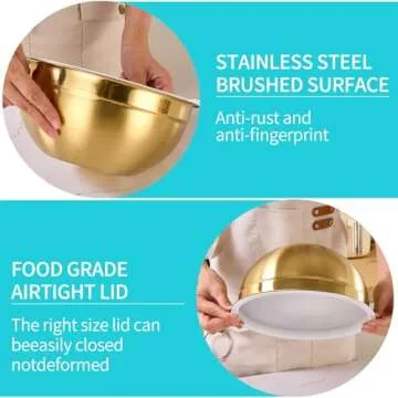 DINYWOW 6 Piece Gold Mixing Bowls with Lids for Kitchen, Stainless Steel Mixing Bowls Set Ideal for Baking, Prepping, Cooking and Serving Food, Nesting Metal Mixing Bowls for Space Saving Storage