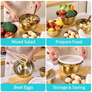 DINYWOW 6 Piece Gold Mixing Bowls with Lids for Kitchen, Stainless Steel Mixing Bowls Set Ideal for Baking, Prepping, Cooking and Serving Food, Nesting Metal Mixing Bowls for Space Saving Storage