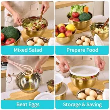 DINYWOW 6 Piece Gold Mixing Bowls with Lids for Kitchen, Stainless Steel Mixing Bowls Set Ideal for Baking, Prepping, Cooking and Serving Food, Nesting Metal Mixing Bowls for Space Saving Storage
