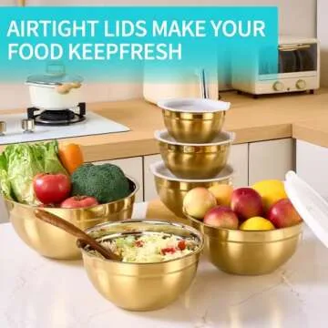 DINYWOW 6 Piece Gold Mixing Bowls with Lids for Kitchen, Stainless Steel Mixing Bowls Set Ideal for Baking, Prepping, Cooking and Serving Food, Nesting Metal Mixing Bowls for Space Saving Storage