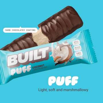 BUILT Puff Protein Bars, Coconut Puff, High Protein Bars, 17g High Protein Snacks, On-The-Go Bars, only 140 Calories, 6g Sugar, Collagen, Gluten Free, 12 Count