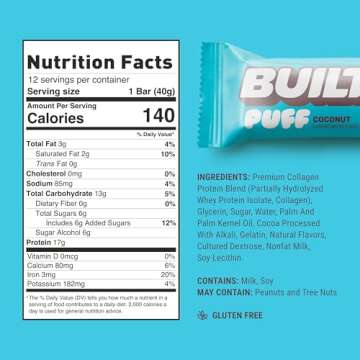 BUILT Puff Protein Bars, Coconut Puff, High Protein Bars, 17g High Protein Snacks, On-The-Go Bars, only 140 Calories, 6g Sugar, Collagen, Gluten Free, 12 Count