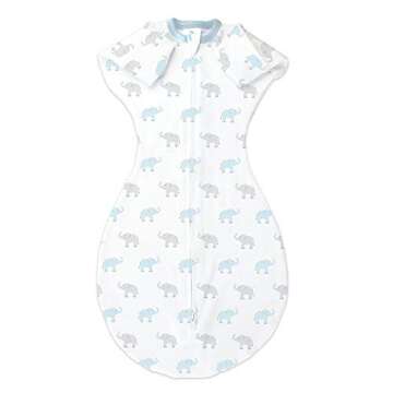 Amazing Baby Transitional Swaddle Sack with Arms Up Mitten Cuffs, Tiny Elephants, Blue, Medium, 3-6 ...
