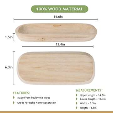 Uziass Wood Dough Bowl, 14.75” Hand Carved Rustic Wooden Dough Bowls Decorative Wood Dough Bowl Long Wood Bowl Making Dough Bowl for Dining Table Centerpiece Living Room Home Kitchen Decor