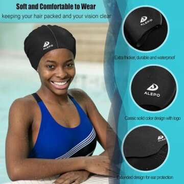 Alepo Extra Large Swim Cap for Women Men, Durable Silicone Swimming Hat with Ear Protection, Unisex Adults Bath Swimming Caps for Long Thick Curly Hair & Dreadlocks Braids Weaves Afro Hair