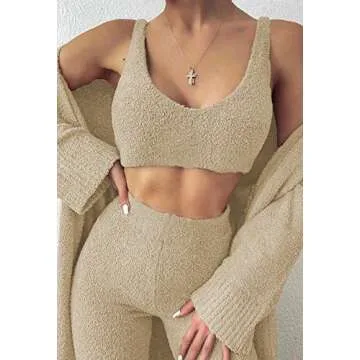 TOLENY Women Fuzzy 3 Piece Lounge Sets Open Front Cardigan Crop Top Wide Leg Pants Sweatsuit Outfits Camel M