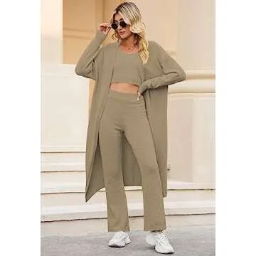TOLENY Women Fuzzy 3 Piece Lounge Sets Open Front Cardigan Crop Top Wide Leg Pants Sweatsuit Outfits Camel M