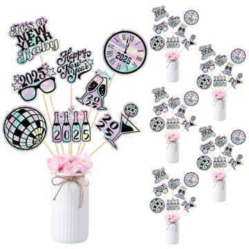 Wenqik 40 Pcs Iridescent Happy New Years Centerpiece Sticks 2025 Disco New Year Table Centerpieces f...