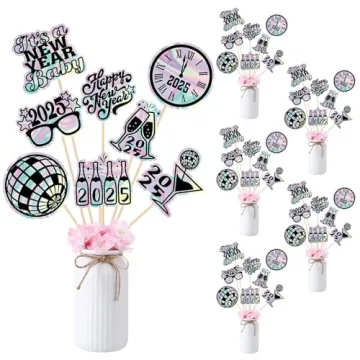 Wenqik 40 Pcs Iridescent Happy New Years Centerpiece Sticks 2025 Disco New Year Table Centerpieces f...