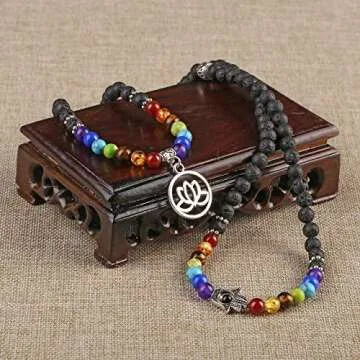 Jovivi 108 Mala Beads Chakra Bracelets Healing Crystal Necklace 6mm Lava Rock Stone Essential Oils Diffuser Bracelet 7 Chakras Bracelets Yoga Meditation for Stress Relief