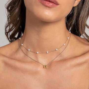 FUNIO Layered Initial Necklaces for Women, Gold Pearl Choker Necklaces for Women Dainty Letter A Pen...