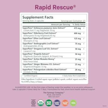 PURE SYNERGY Rapid Rescue | Organic Immune Support Capsules | Herbal Immune Supplement with Echinace...