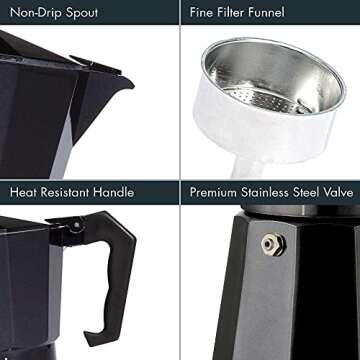 Primula Classic Stovetop Espresso and Coffee Maker, Moka Pot for Italian and Cuban Café Brewing, Greca Coffee Maker, Cafeteras, 6 Espresso Cups, Black