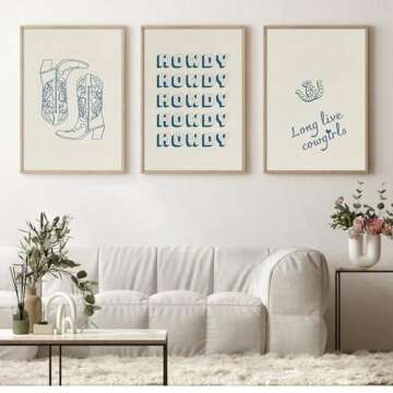 Western Cowgirl Wall Art Decor Blue Coastal Canvas Wall Art Preppy Posters Boots Prints Cowboy Howdy Posters Aesthetic Granddaughter Pictures for Dorm Room Bedroom 16x24x3 Inch Unframed