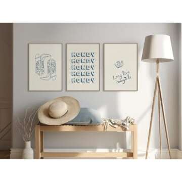 Western Cowgirl Wall Art Decor Blue Coastal Canvas Wall Art Preppy Posters Boots Prints Cowboy Howdy Posters Aesthetic Granddaughter Pictures for Dorm Room Bedroom 16x24x3 Inch Unframed