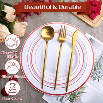 Patelai 50 Pcs Plastic Plates with Rim 10.25", 7.5" Disposable Dinnerware Set for 25 Guests Heavy Duty Disposable Dinner Plates for Party Wedding Graduation Christmas(Red Rim)