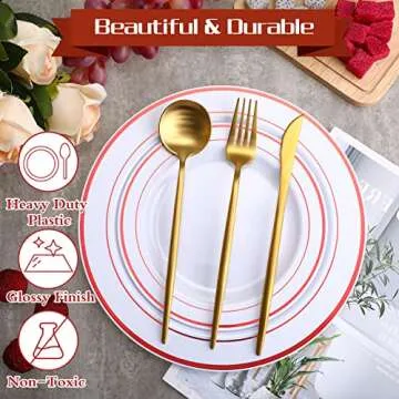 Patelai 50 Pcs Plastic Plates with Rim 10.25", 7.5" Disposable Dinnerware Set for 25 Guests Heavy Duty Disposable Dinner Plates for Party Wedding Graduation Christmas(Red Rim)