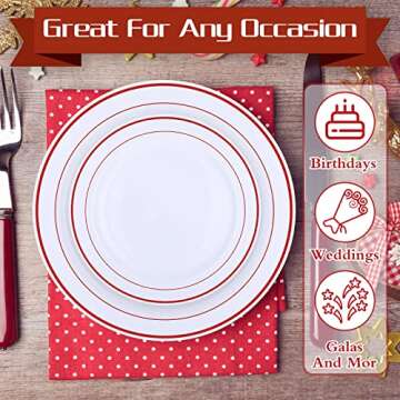 Patelai 50 Pcs Plastic Plates with Rim 10.25", 7.5" Disposable Dinnerware Set for 25 Guests Heavy Duty Disposable Dinner Plates for Party Wedding Graduation Christmas(Red Rim)