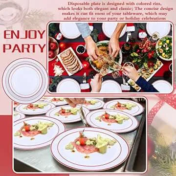 Patelai 50 Pcs Plastic Plates with Rim 10.25", 7.5" Disposable Dinnerware Set for 25 Guests Heavy Duty Disposable Dinner Plates for Party Wedding Graduation Christmas(Red Rim)