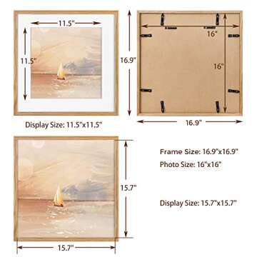 16x16 Oak Wood Picture Frame, 16"x16" Picture Frame Matted to 12"x12", Square Frame 16 x 16 with Real Glass, 16x16 Wood Frame for Wall - Beige Oak Color, 1 Pack