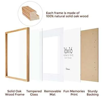 16x16 Oak Wood Picture Frame, 16"x16" Picture Frame Matted to 12"x12", Square Frame 16 x 16 with Real Glass, 16x16 Wood Frame for Wall - Beige Oak Color, 1 Pack