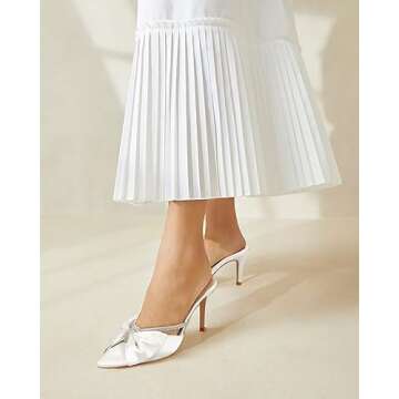 Coutgo Womens Bow Heels Mules Pointed Closed Toe Sandals Rhinestone Satin Backless Wedding Shoes, Be...